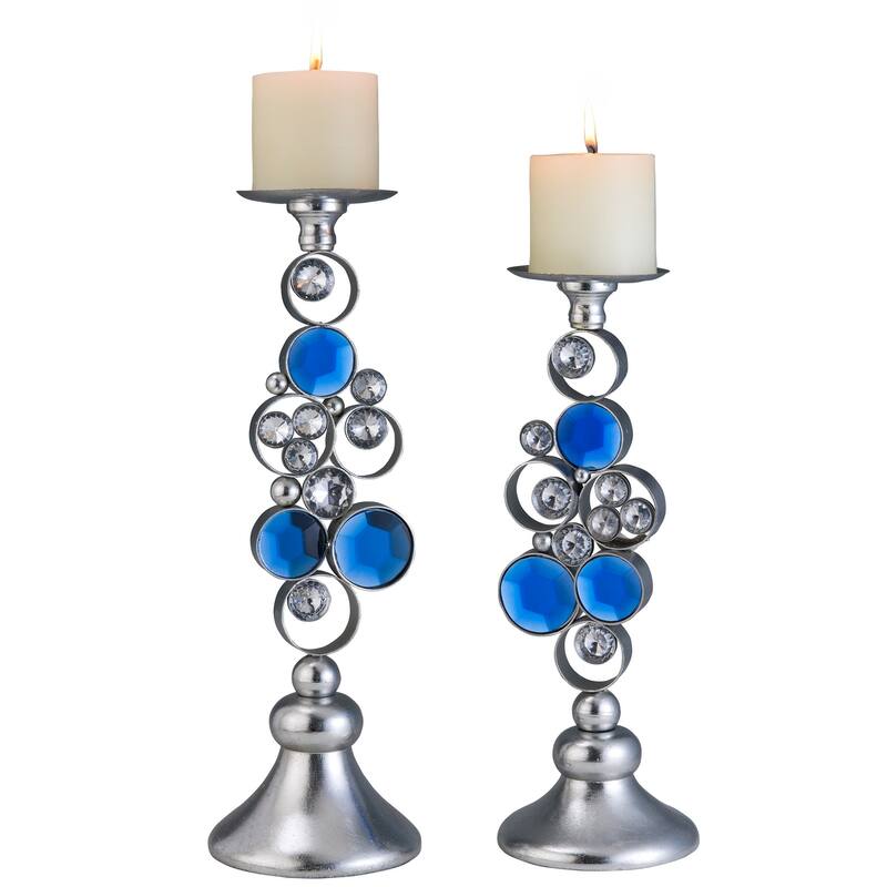 HomeRoots Set Of Two Silver and Blue Bling Tabletop Pillar Candle Holders - 7