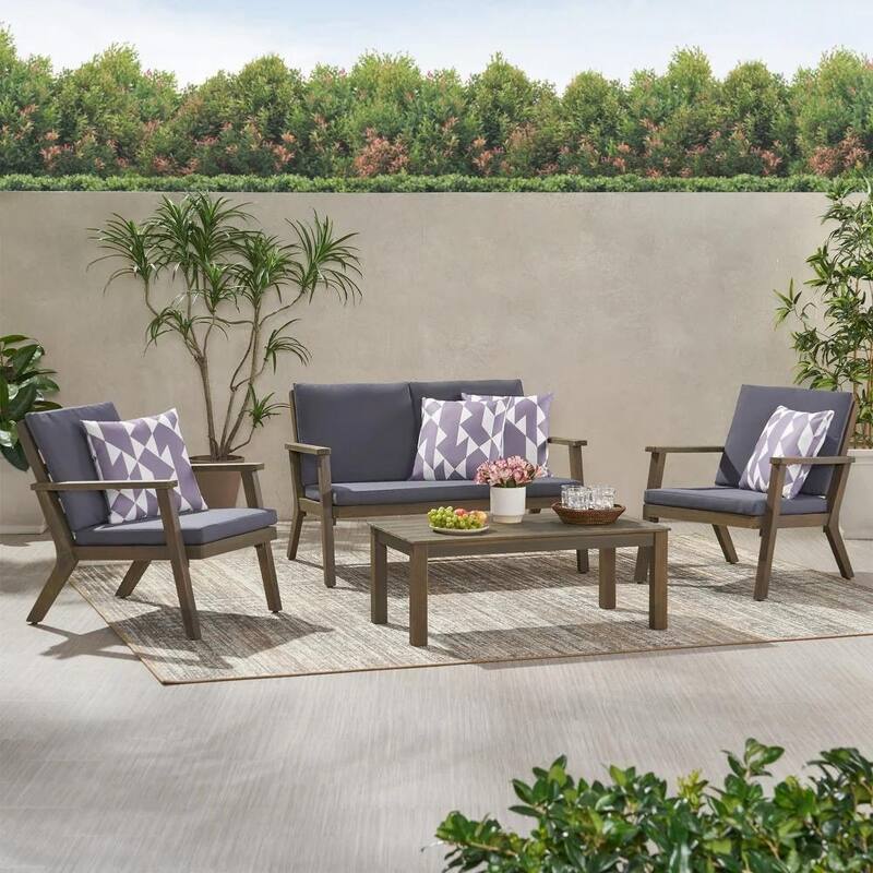 Roomfitters 4 Pcs Outdoor Patio Sofa Set with Loveseat, Club Chairs, Coffee Table, Acacia Wood Frame and Cushions, Grey - Grey