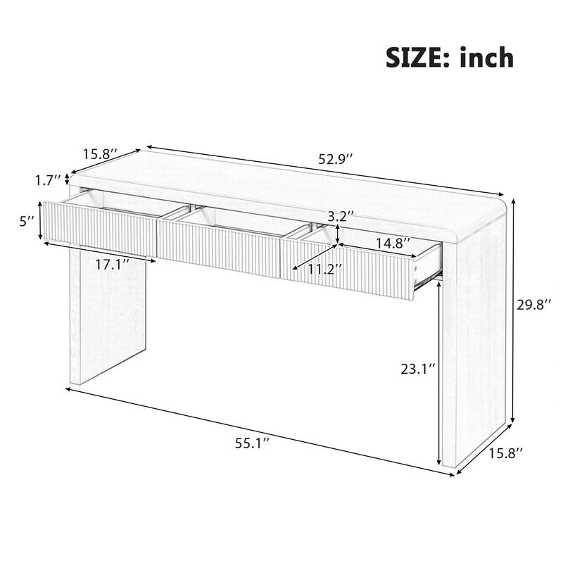 Console Table with 3 Fluted Drawers, Wood Entryway Table with Curved Edge Design, Accent Table with Adjustable Feet