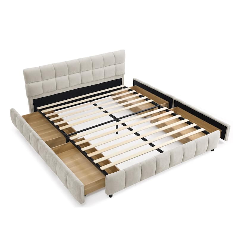Queen Size Upholstered Bed with Storage Drawers, Soft Chenille Fabric Frame, Modern Platform Bed with Headboard