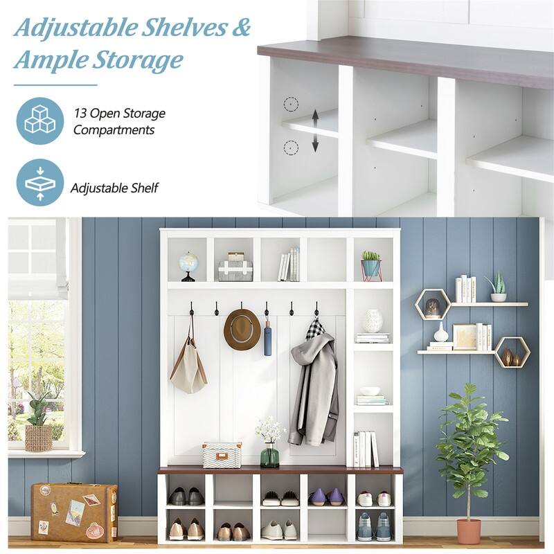 Farmhouse 4-in-1 Hall Tree with Shoe Cabinet, Entryway Storage Bench with 13 Cubbies, Coat Rack w/ Adjustable Shelves & 6 Hooks
