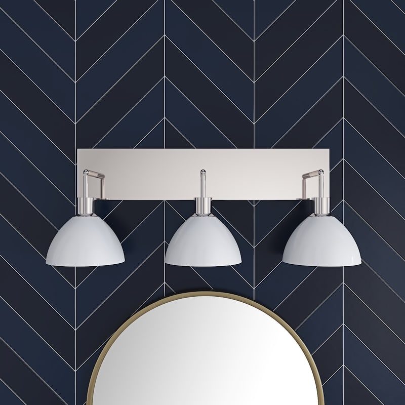 Modern 3-Light Bathroom Vanity Light Over Mirror with White Shades - Chrome