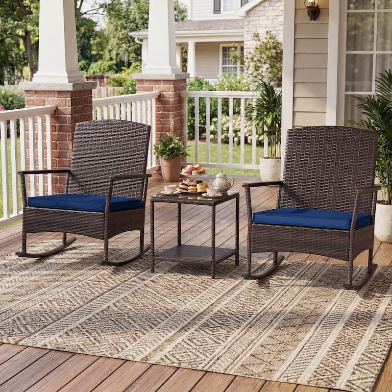 Costway 3 Piece Patio Rocking Set Wicker Rocking Chairs with 2-Tier - See Details