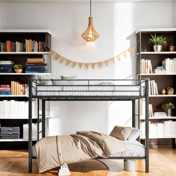 slide 2 of 10, Twin Metal Bunk Loft Bed with Shelf and Slatted Black