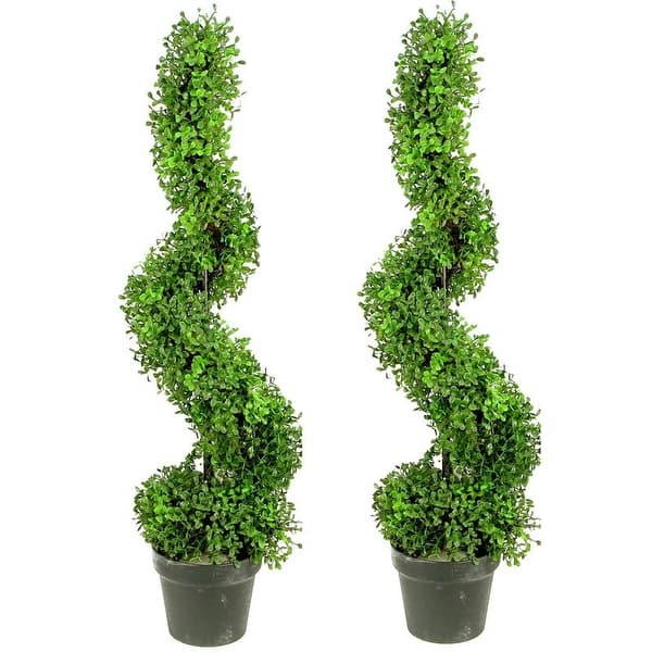 slide 2 of 5, GTR4633-NATURAL-2 3-foot Faux Boxwood Spiral Topiary Plant in Plastic Pots (Set of 2)