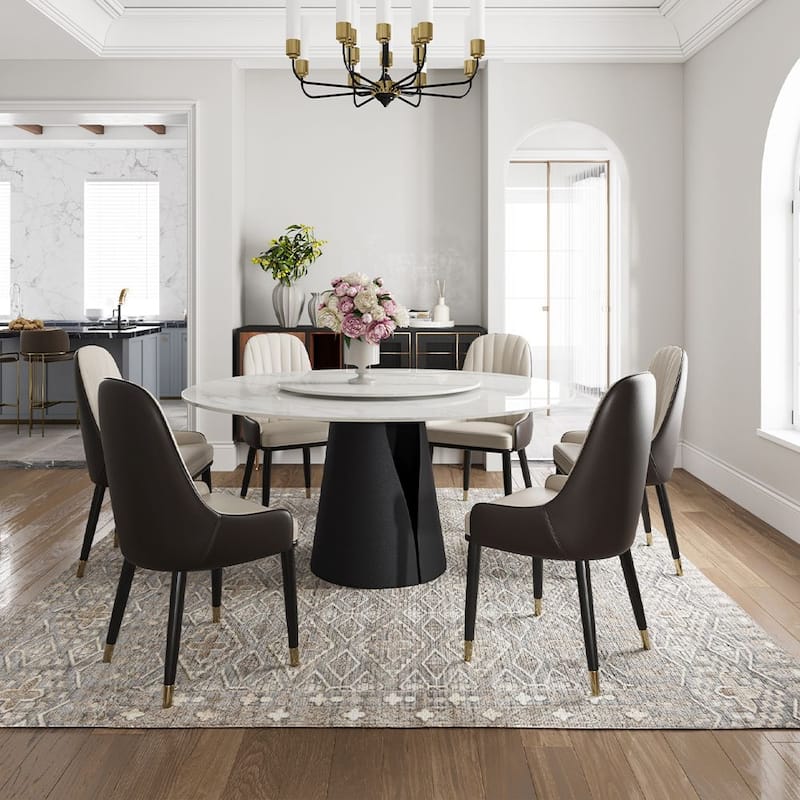 Modern Round White Dining Table，Sintered Stone Tabletop, Solid Black Carbon Steel Base