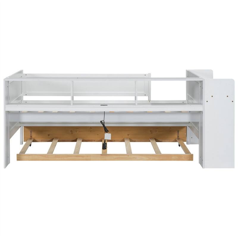 Multi-Functional Twin Size Daybed with 2 Drawers and Twin Size Trundle, Wooden Sofa Bed Frame w/ Headboard Storage & Study Desk