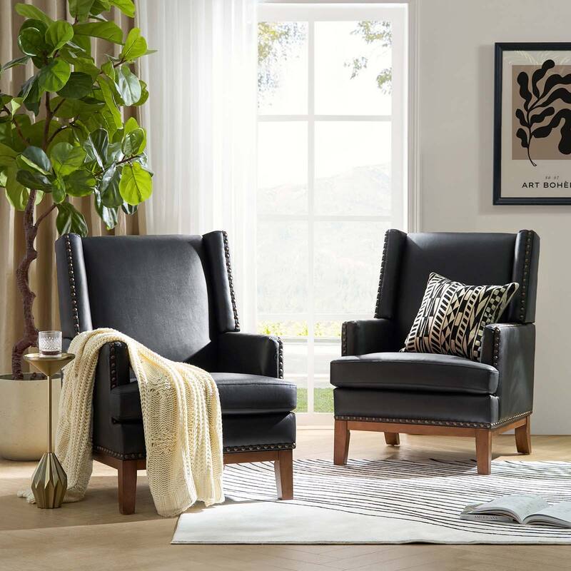 Lourdes Genuine Leather Armchair with Solid Wood Frame and Removable Seat Cushion,Set of 2 by HULALA HOME - Black