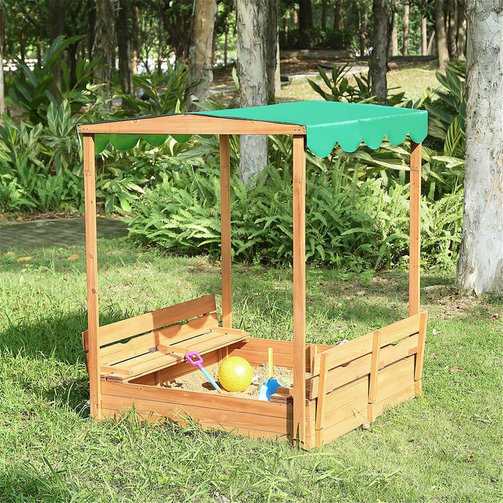 Kids Canopy Covered Cedar Sandbox with Foldable Bench Seats by Naomi Home