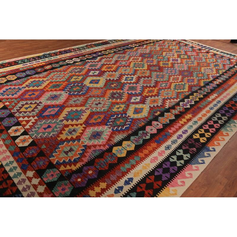 All-Over Geometric Kilim Oriental Large Rug Flatweave Wool Carpet - 10'1"x 15'11"