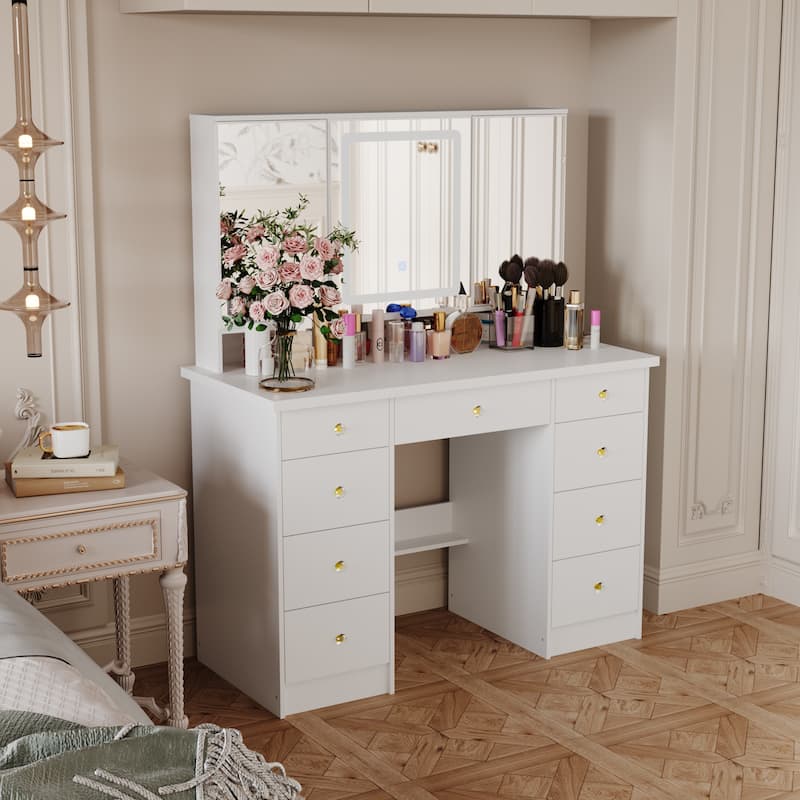 Vanity Desk with Mirror and Lights, Large Makeup Vanity Dressing Table