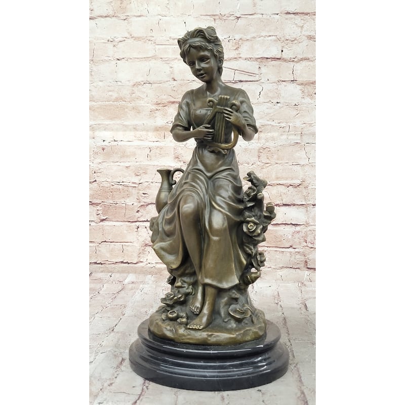 Classical Young Girl W/ Lyre Harp- Greek Roman Decor Bronze Sculpture By Milo