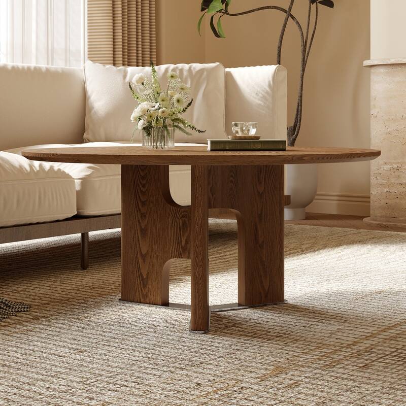 31.5 Inches Round Rustic Ash Wood Veneer Coffee Table for Small Living Room
