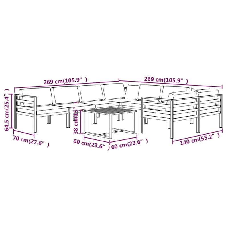 vidaXL Patio Lounge Set with Cushions Aluminum - 27.6" x 27.6" x 25.4"