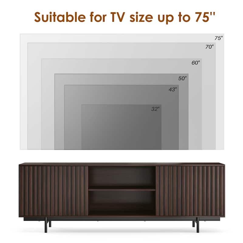 Mid Century Modern TV Stand for TVs Up to 75", Farmhouse Fluted TV Stand, Retro Wood TV Stand with Storage and Shelf