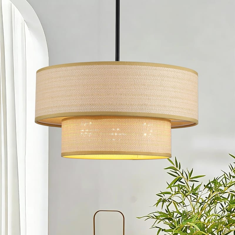 3-Light Bohemian Style Large Handwoven Chandelier with Wicker Lampshade - Matte Black - Matte Black