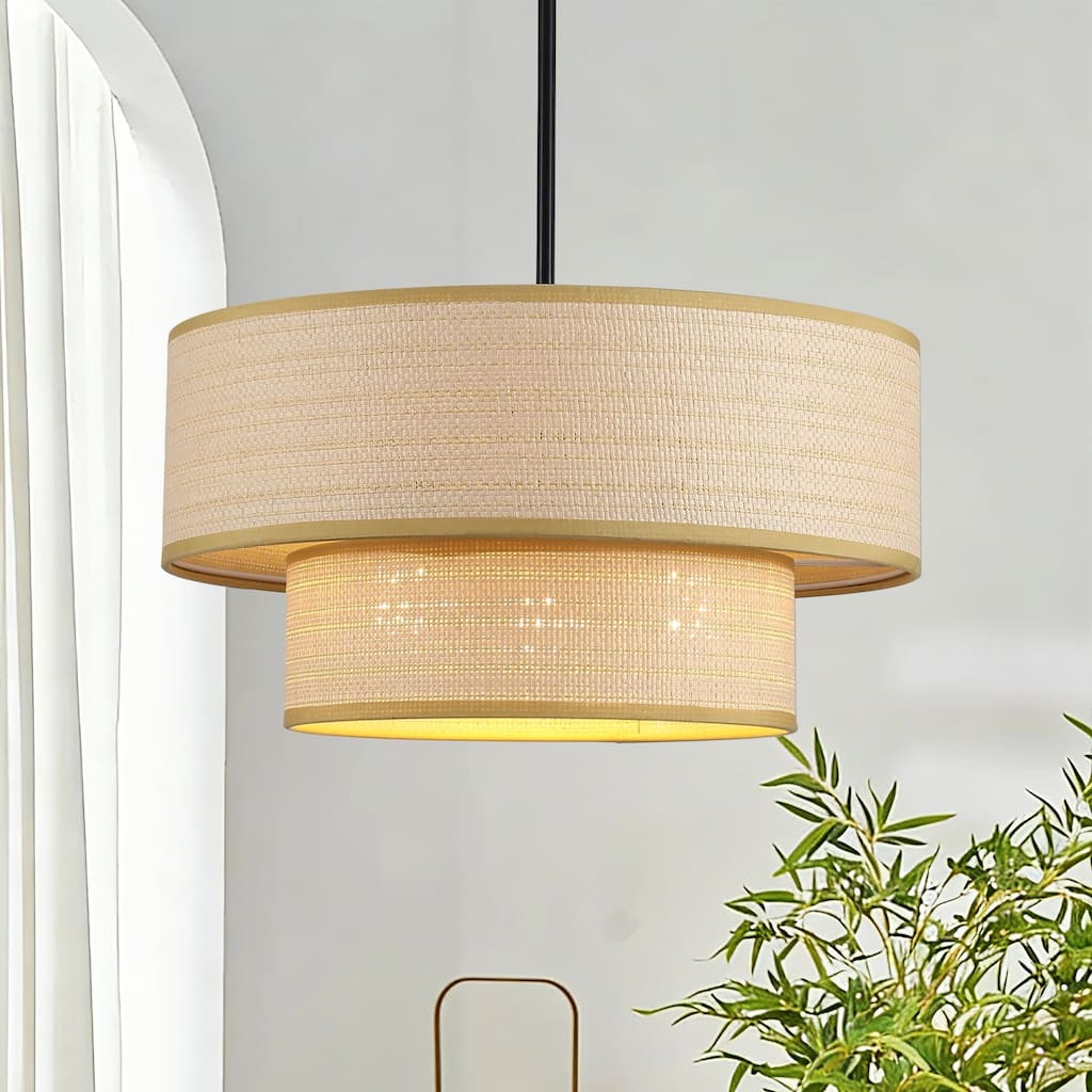 3-Light Bohemian Style Large Handwoven Chandelier with Wicker Lampshade - Matte Black