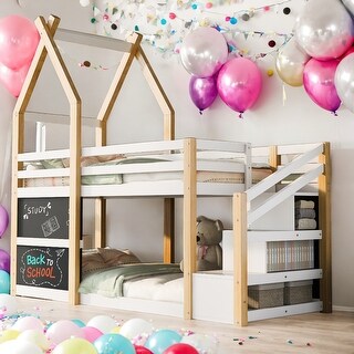 Kid Bed Frame Twin over Twin House Bunk Bed with Staircase and 2 Blackboards