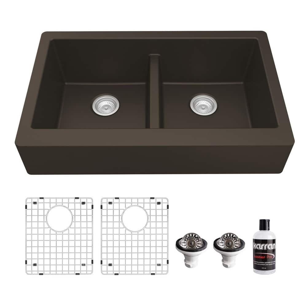 Karran Retrofit Farmhouse Quartz 34 in. Double Bowl 50/50 Sink Kit
