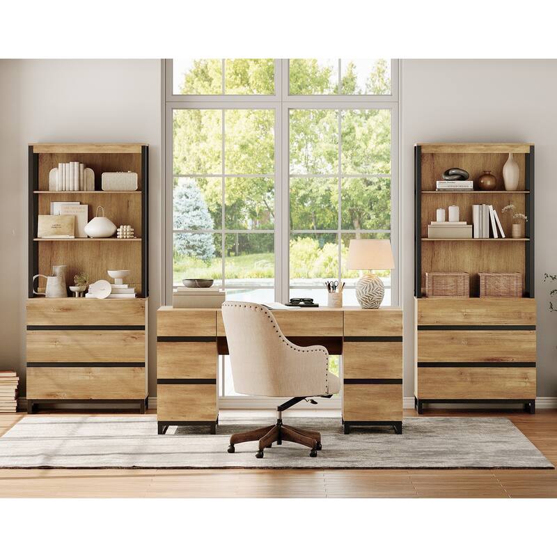 59In Modern Executive Desk With Charging Station & Drawers And 2 PCS 72In Tall BookcasesFor Living Room, Bedroom