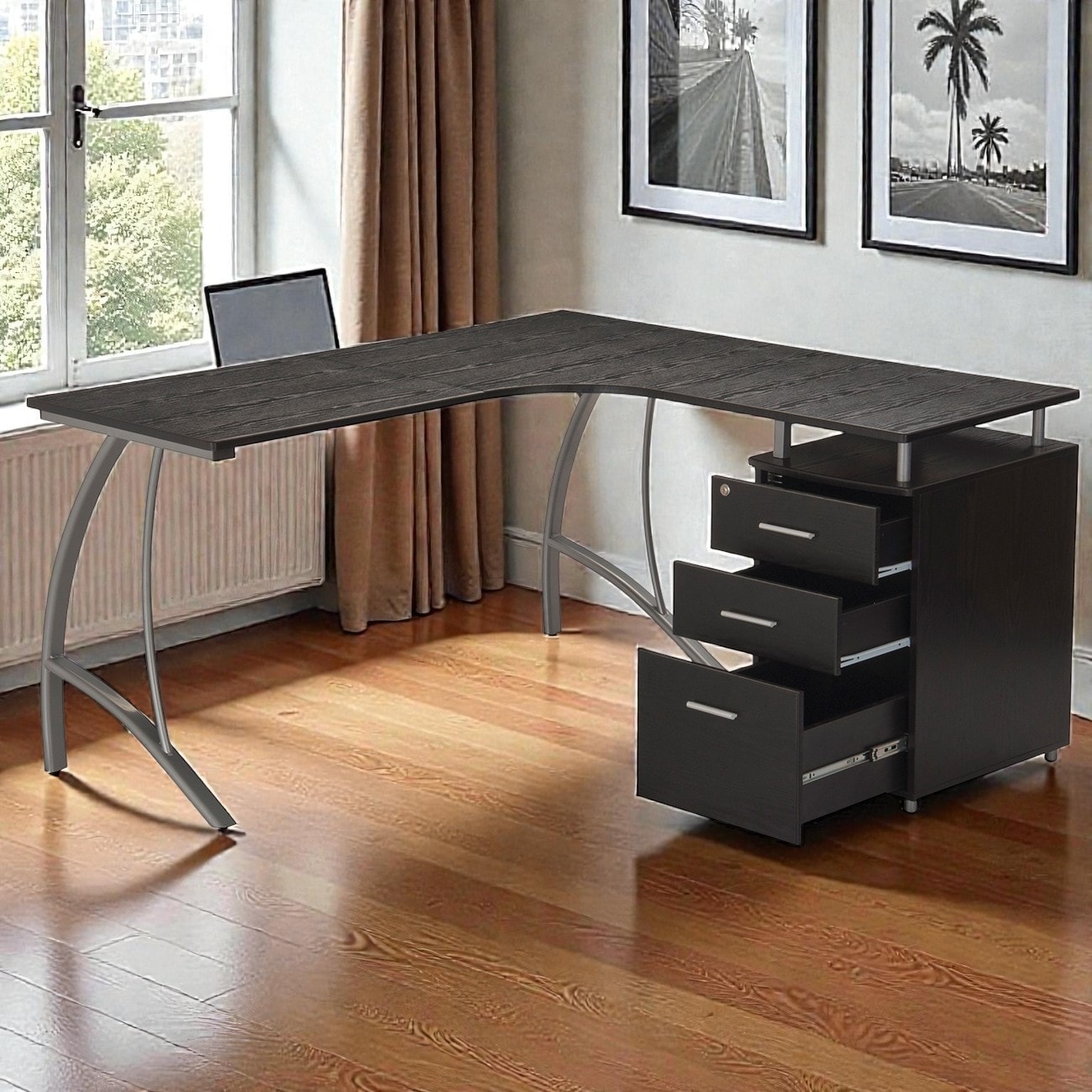 L Shaped Computer Desk with Locking Storage Cabinet and File Drawer, Corner Office Desk with Curved Desktop