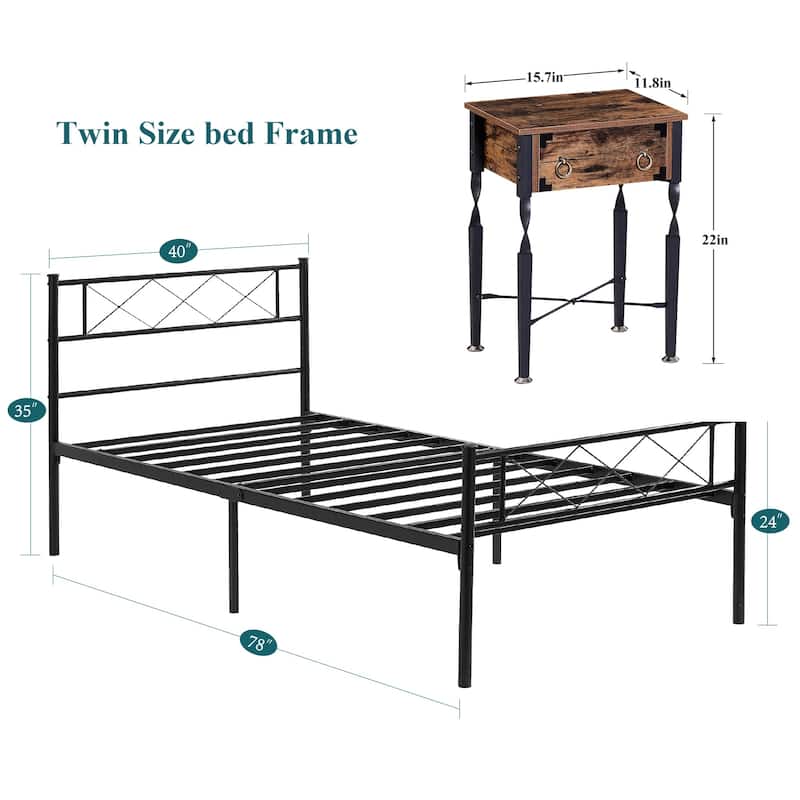 3-Piece Bedroom Set, Black Metal Platform Bed Frame and 2 Brown Nightstands