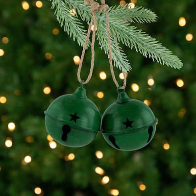 Antiqued Christmas Jingle Bells Ornaments - 3" - Green - Set of 2 - 7"