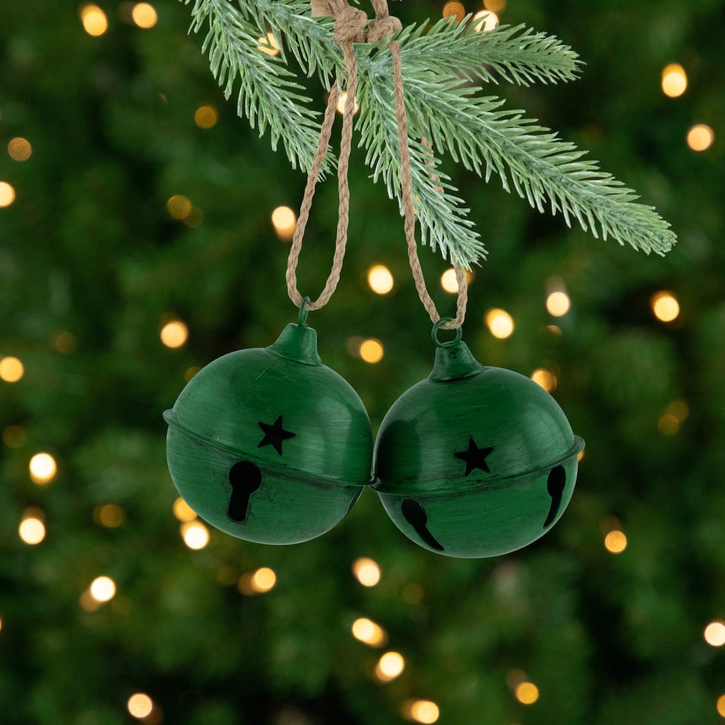 Antiqued Christmas Jingle Bells Ornaments - 3" - Green - Set of 2 - 7"