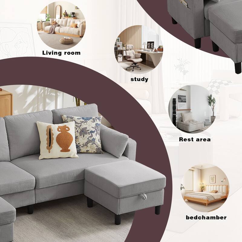 101"Corduroy 3 Piece Living Room Set Including 4 Seater Sofa ,2 Storage Ottoman and Chair