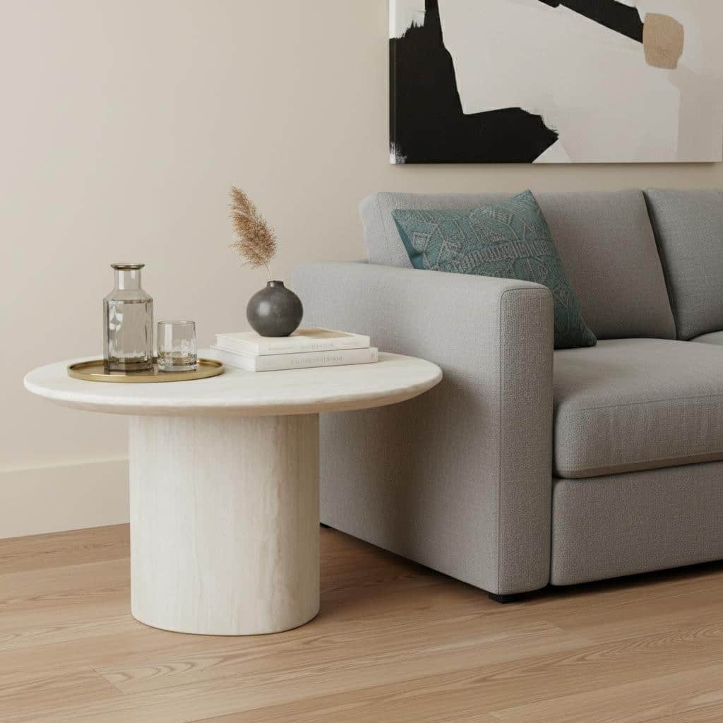 HomeRoots 17" Beige Marble Oval Pedestal End Table - 32.00 in. x 17.00 in. x 24.00 in.