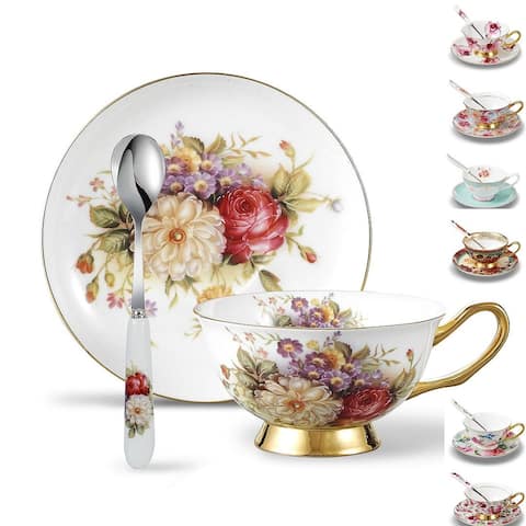 Panbado Bone China Floral Decals Tea Cup with Saucer Spoon
