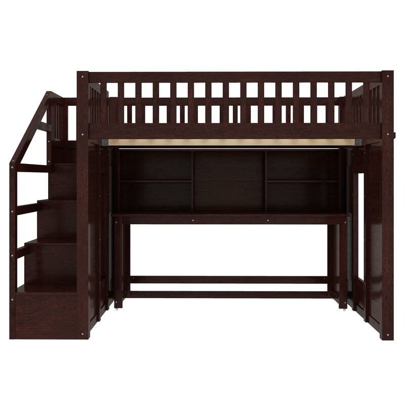 Children's Bedroom Solid Wood Loft Bed with Movable Desk, Storage Stairs, Shelves, Safety Guardrails and Optional Full or Twin