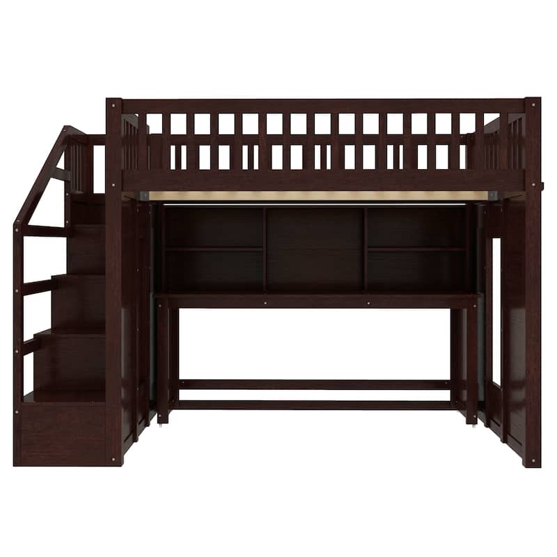 Roomfitters Loft Bed with Movable Desk and Storage Stairs, Solid Wood Workstation