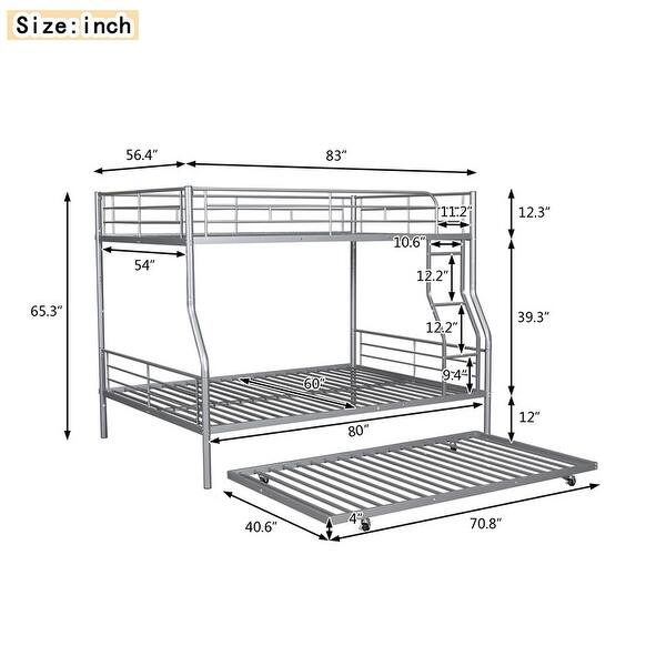dimension image slide 2 of 3, Industrial Modern Full XL Over Queen Metal Bunk Bed with Trundle, Save Space or Split Into 2 Beds, Crafted For Safety, Black
