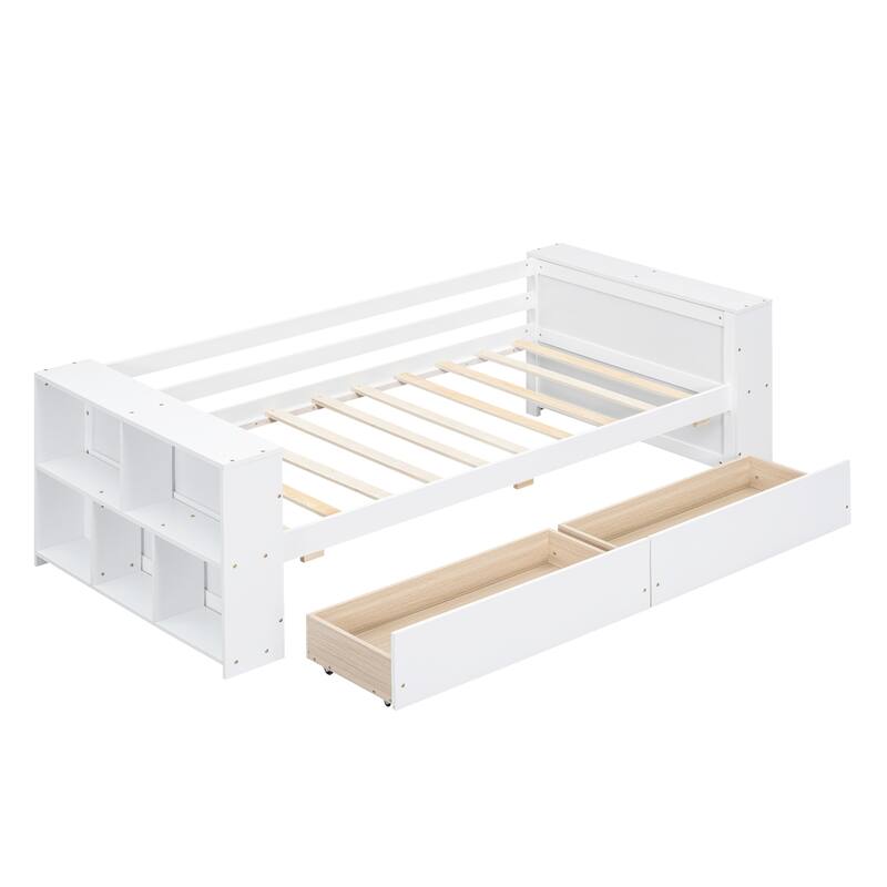 Twin Daybed with Built-In Storage Shelves and Drawers, Pine Wood Frame, Minimalist Design, Easy Assembly