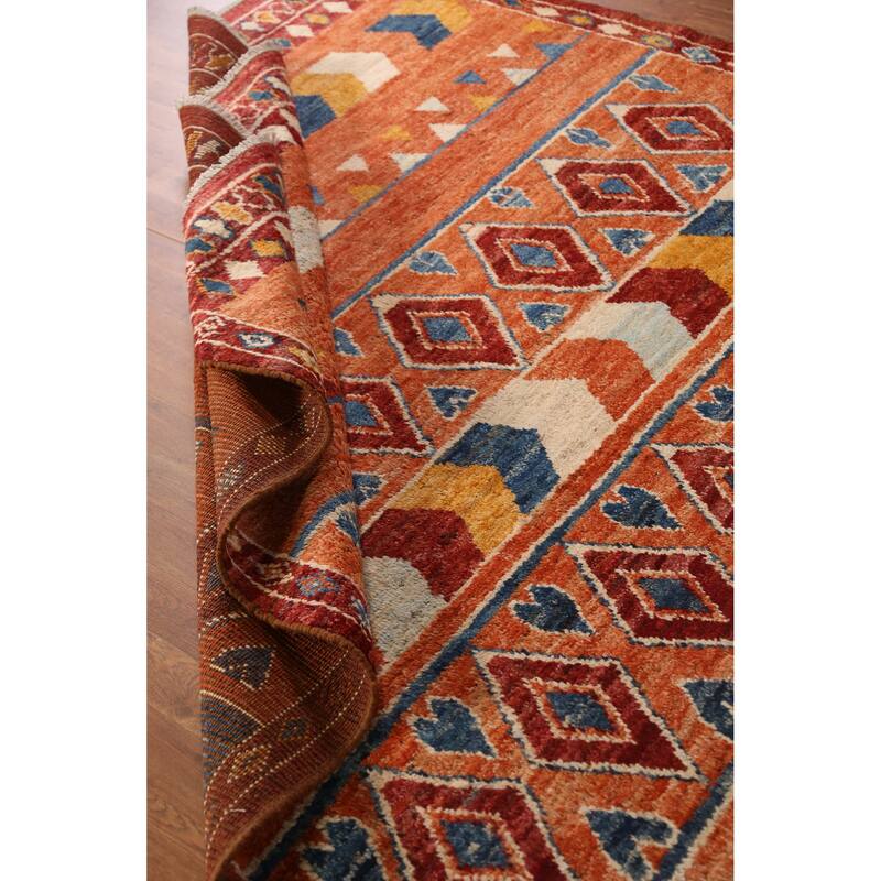 Orange Tribal Geometric Moroccan Rug Hand-Knotted Wool Carpet - 6'7" x 9'6"