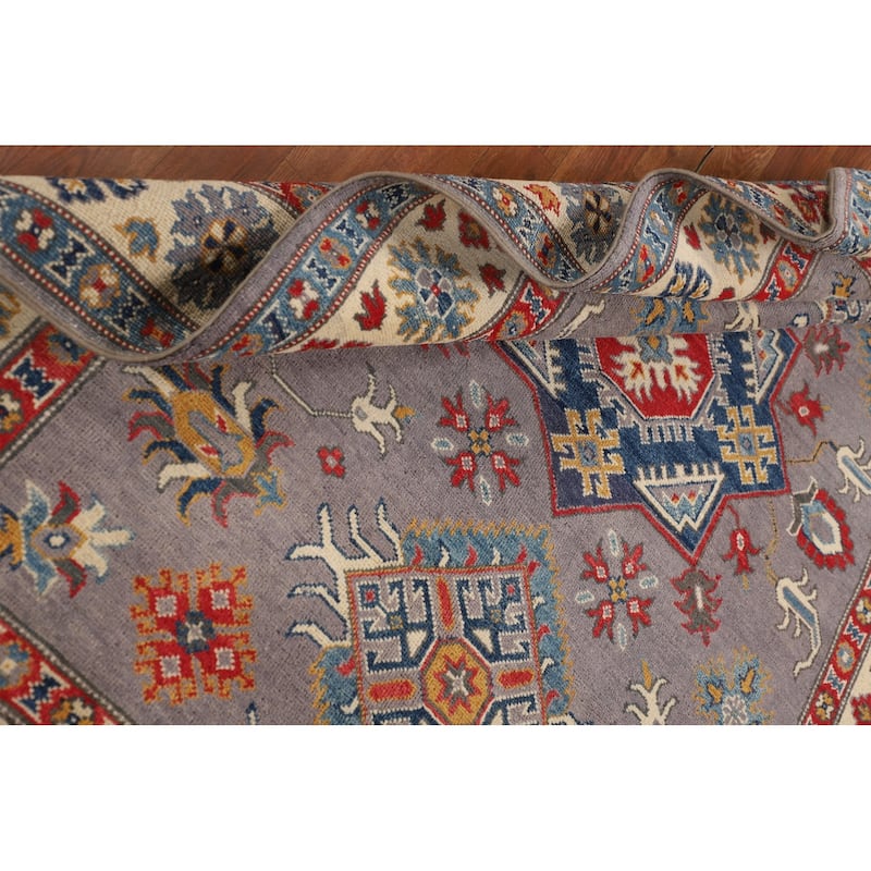 Gray Traditional / Geometric Kazak Rug Hand-Knotted Wool Carpet - 4'11" x 7'2"