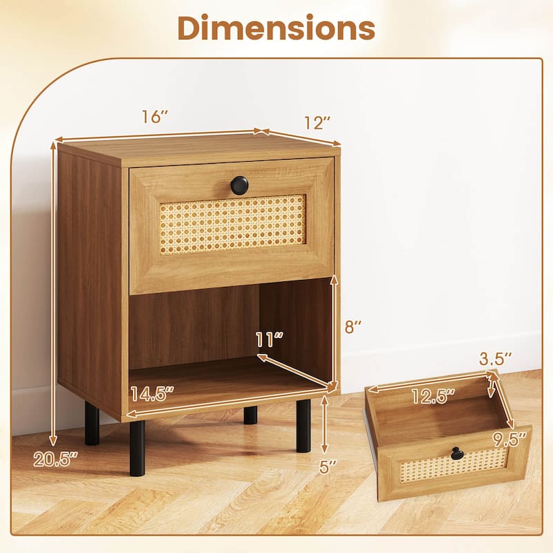 Costway 1/2 PCS Rattan Nightstand Boho End Table with Drawer & Open - See Details