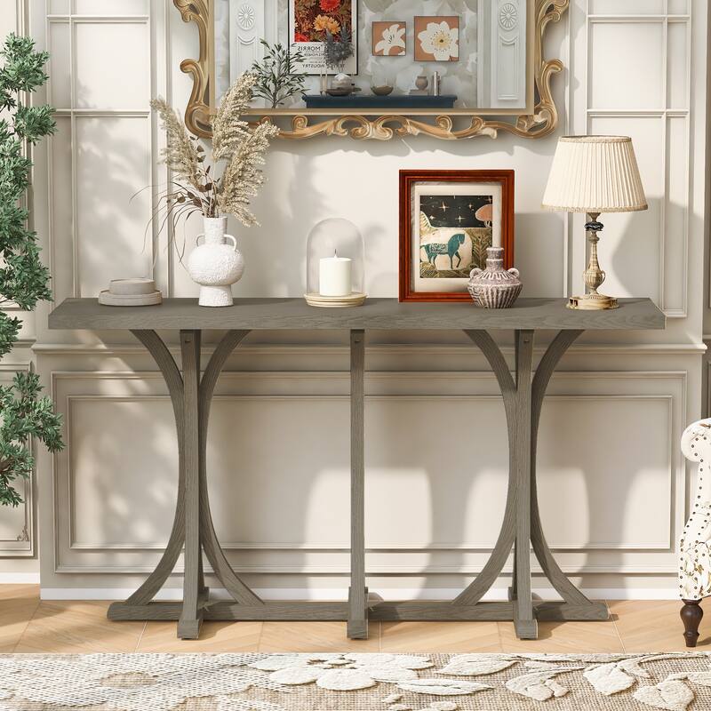 59.8" Farmhouse Wooden Console Table with Rubber Wood Slender Curved Legs