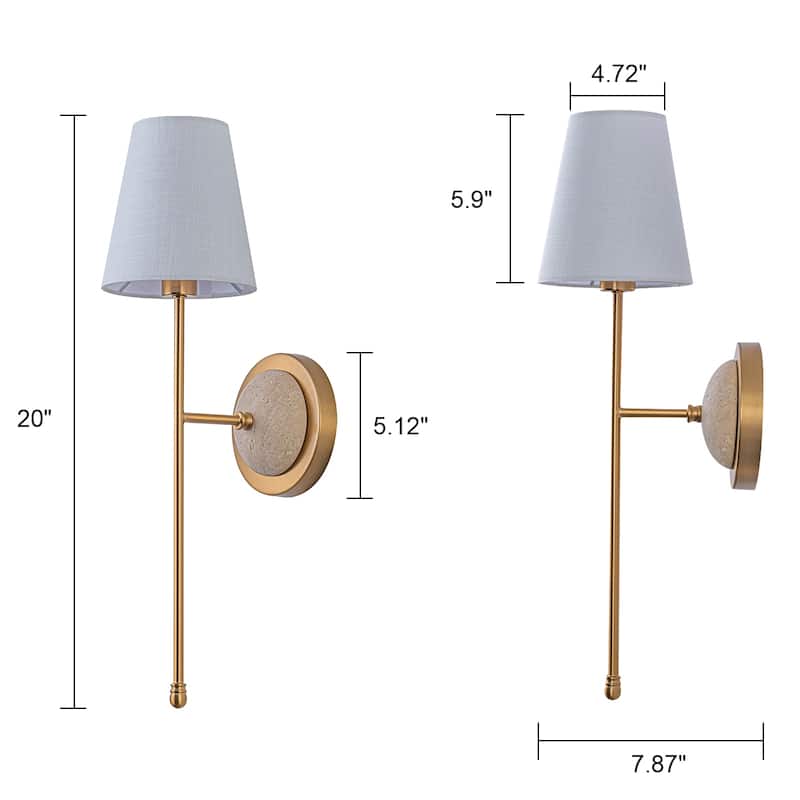 1-Light Gold Wall Sconce with White Fabric Shade - H20" x W5.1" x D7.9"