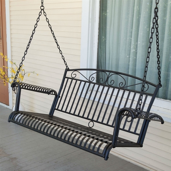 Wrought Iron Outdoor Patio 4 Ft Porch Swing in Black 54W x 21D x