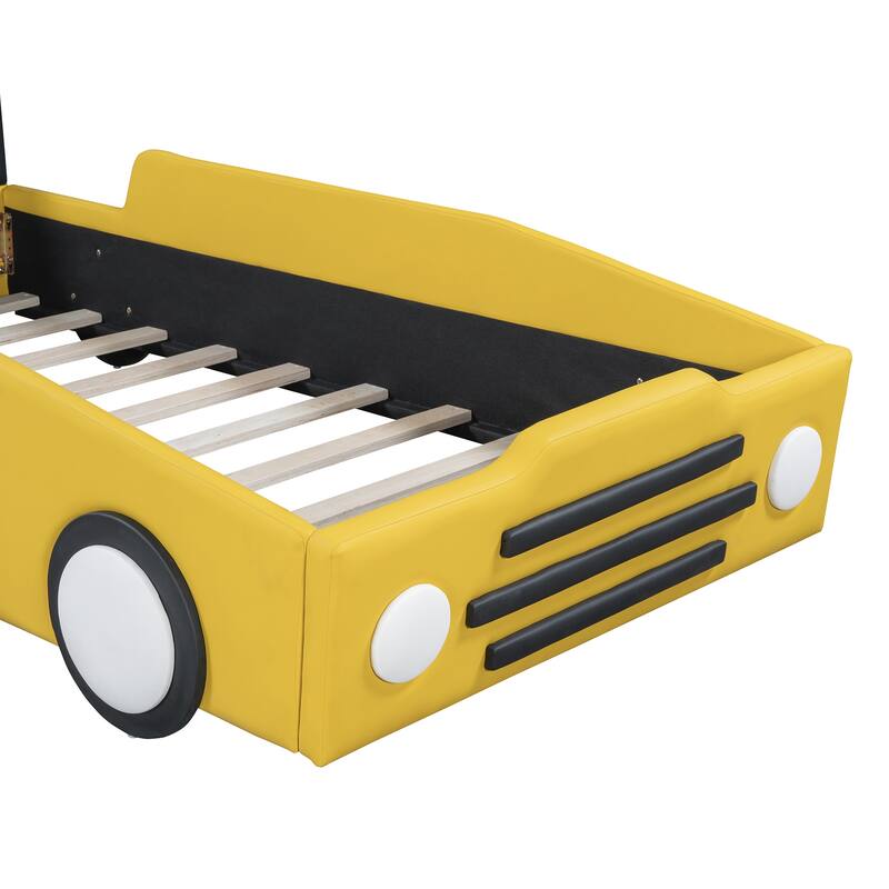 Twin Race Car-Shaped Platform Bed with Wheels, Safety Rails, PU Leather, Pine Wood Frame for Kids' Rooms