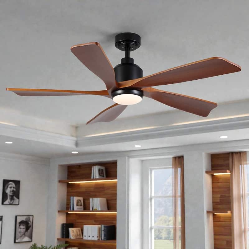 52 Inch Modern Farmhouse Solid Wood Ceiling Fan with Light, Quiet Reversible DC Motor, Remote, 6 Speeds - Black