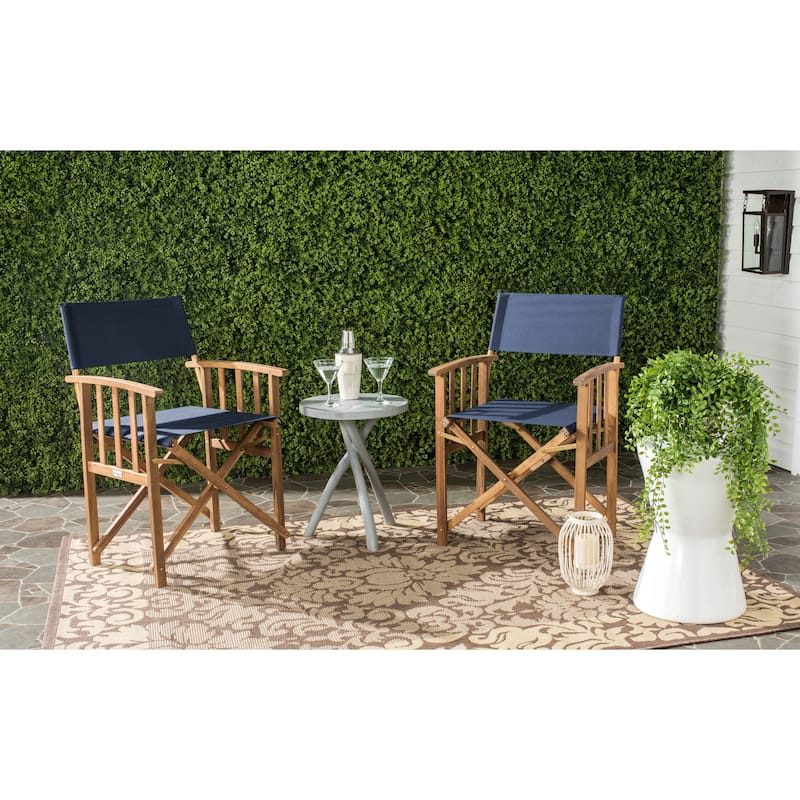 SAFAVIEH Outdoor Vaira Acacia Wood Director Chair (Set of 2) - 22W x 34D x 21H - Natural/Navy