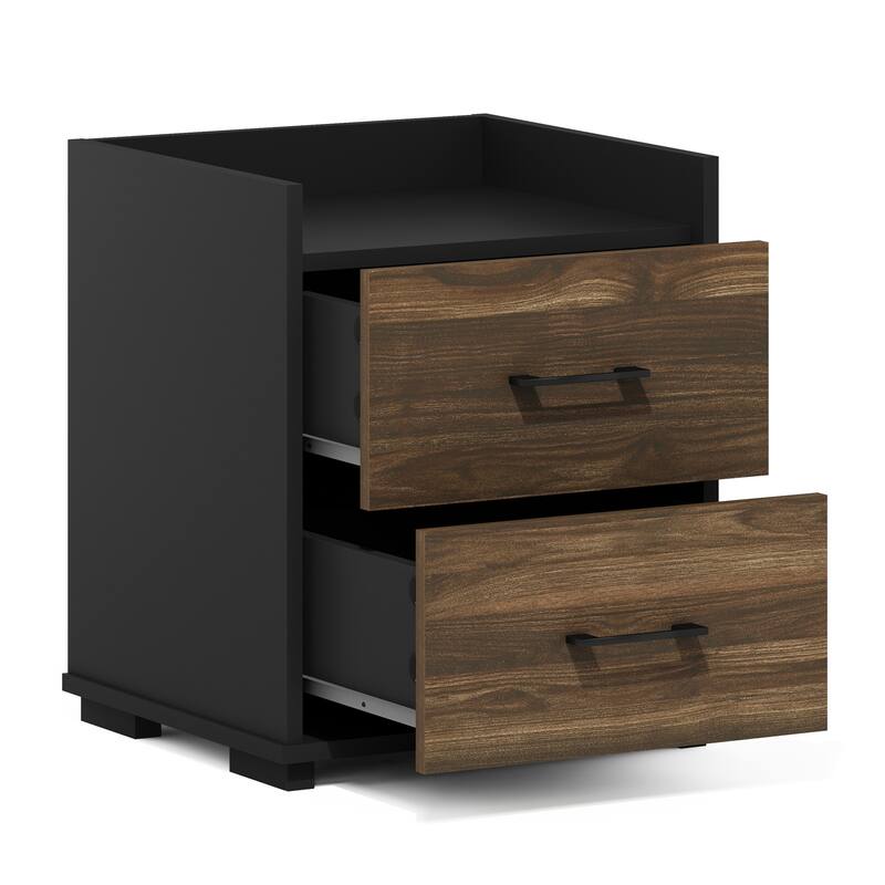 Modern Bedside Table 2 Drawer Nightstand - Bedroom Chest with Handle - Columbia Walnut/Black