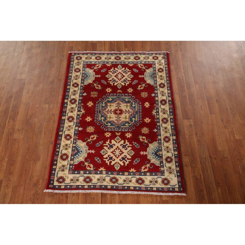 Red Kazak Oriental Rug Handmade Wool Carpet - 3'5"x 4'9"
