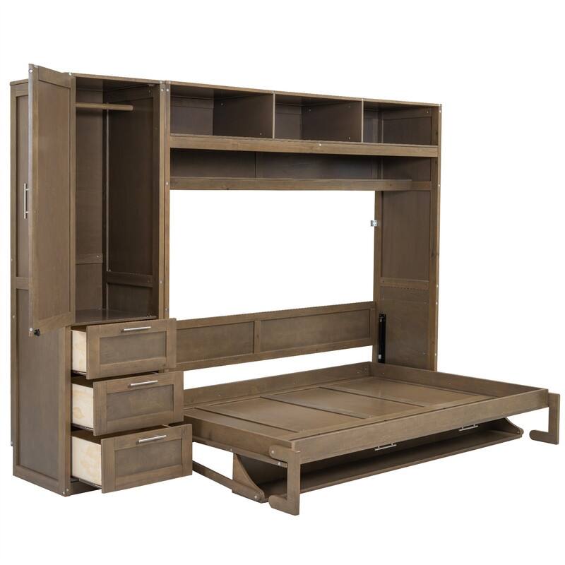 Full Size Murphy Bed Wall Bed with Bulit-in Wardrobe and 3 Storage Drawers, Folding Murphy Cabinet Bed with Open Shelves