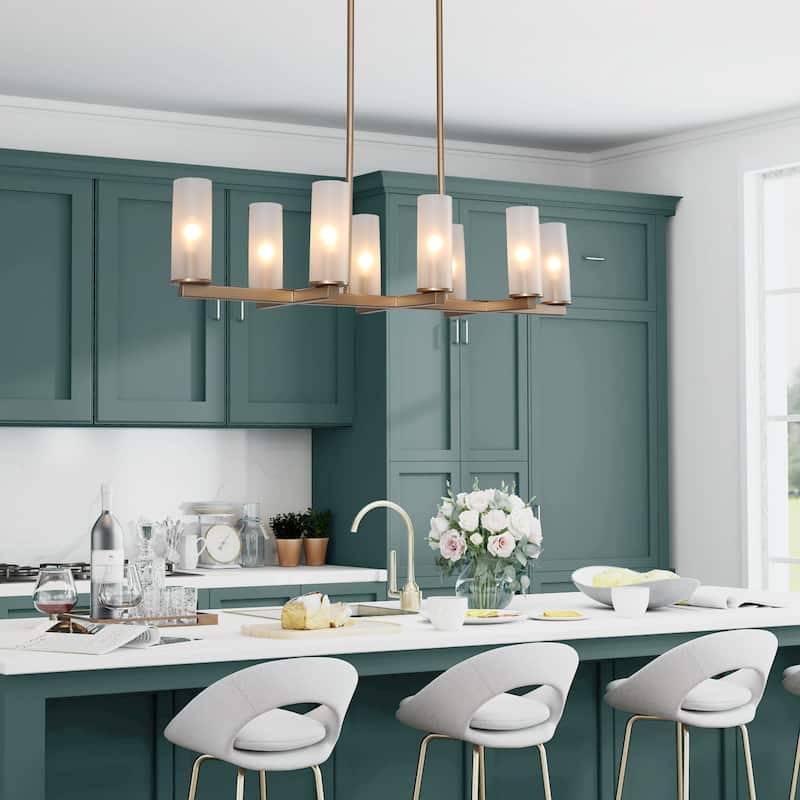 Glitter Modern Gold Linear 8-Light Frosted Glass Chandelier for Kitchen Island or Dining Room - L32.5"x W11"x H 65"