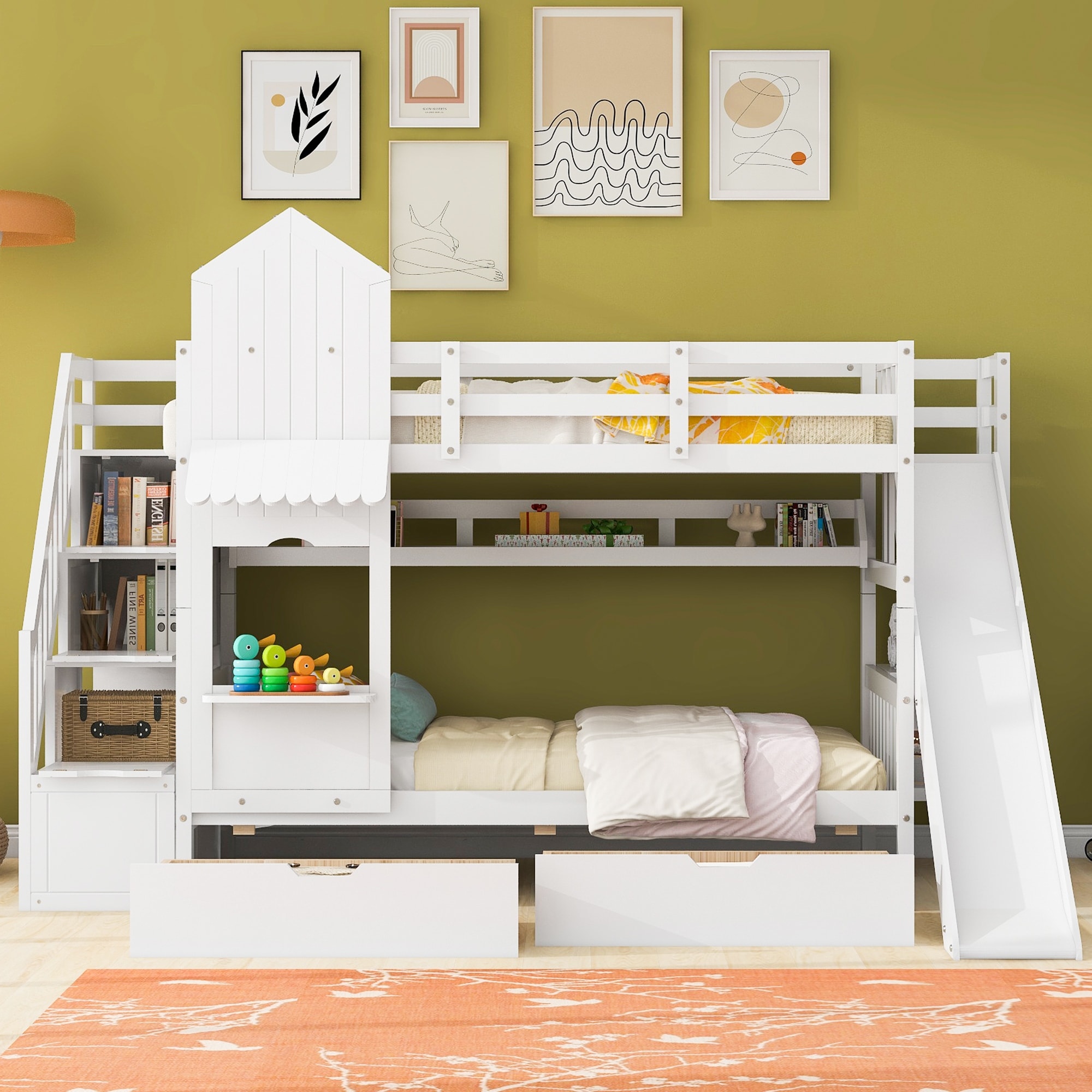 Roomfitters Twin Over Twin Castle Bunk Bed with Slide and Storage Stairs, Playhouse Design