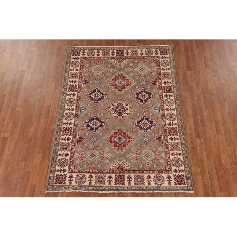 Geometric Kazak Oriental Area Rug Hand-Knotted Traditional Wool Carpet - 5'0" x 6'9"